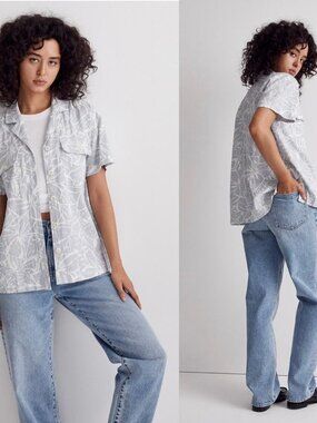 Madewell Top Womens XS Oversized Blue White Floral Linen Blend Short Sleeve